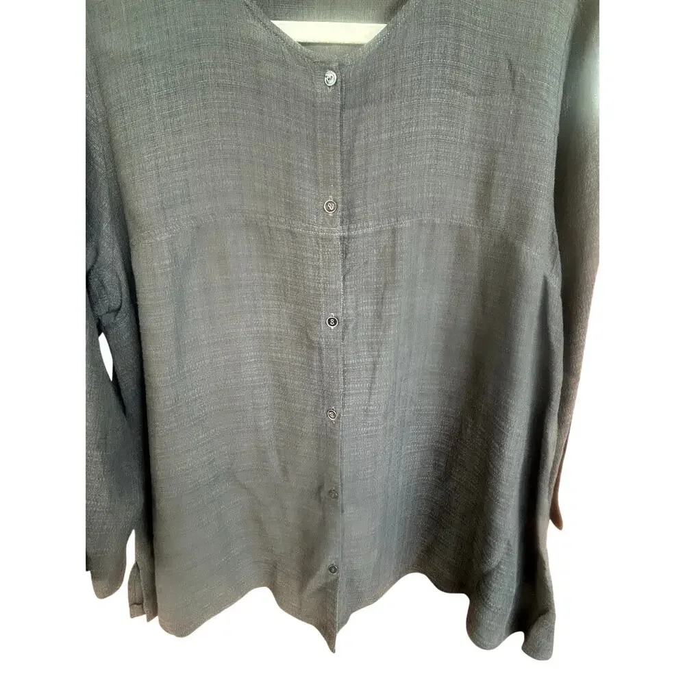 Eileen Fisher Petite Black Button Front Tunic Top PL Long Sleeve Linen Blend - Picture 4 of 4